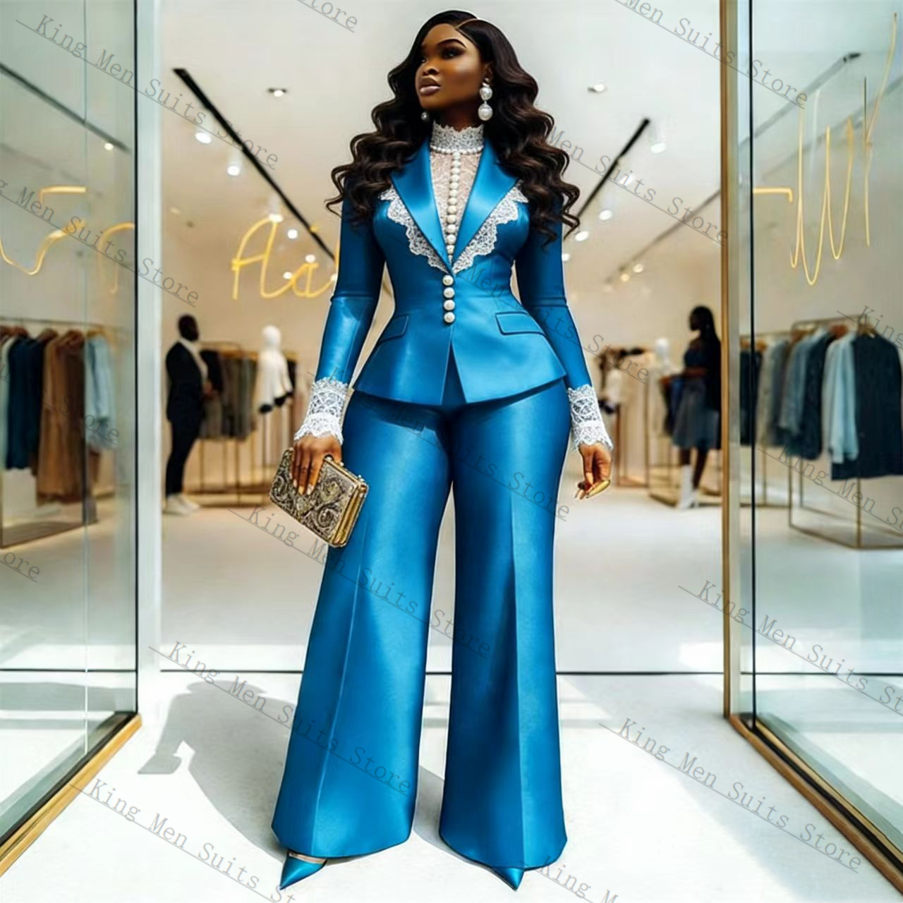 Women Formal Wear Coat - Ensemble de costume en dentelle satinée