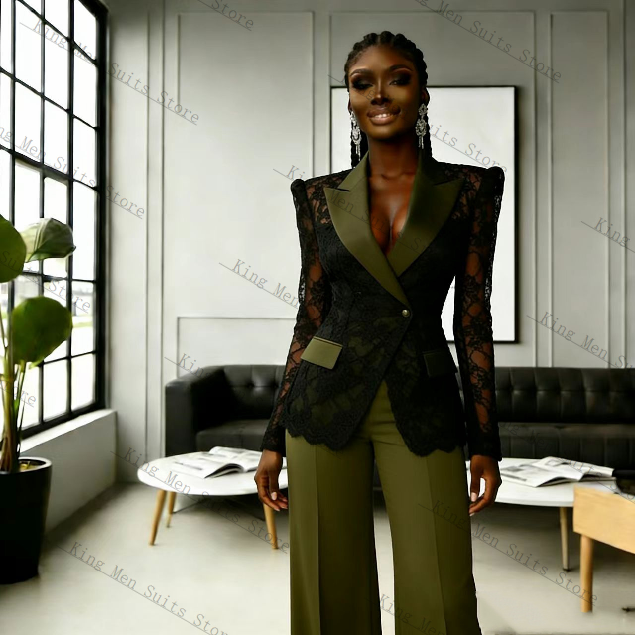 Women Formal Wear Coat - Ensemble tailleur femme vert et noir