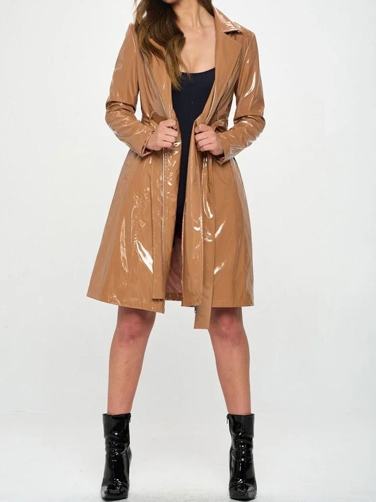 Trench Coat Formal - Manteau en similicuir brillant pour femme,